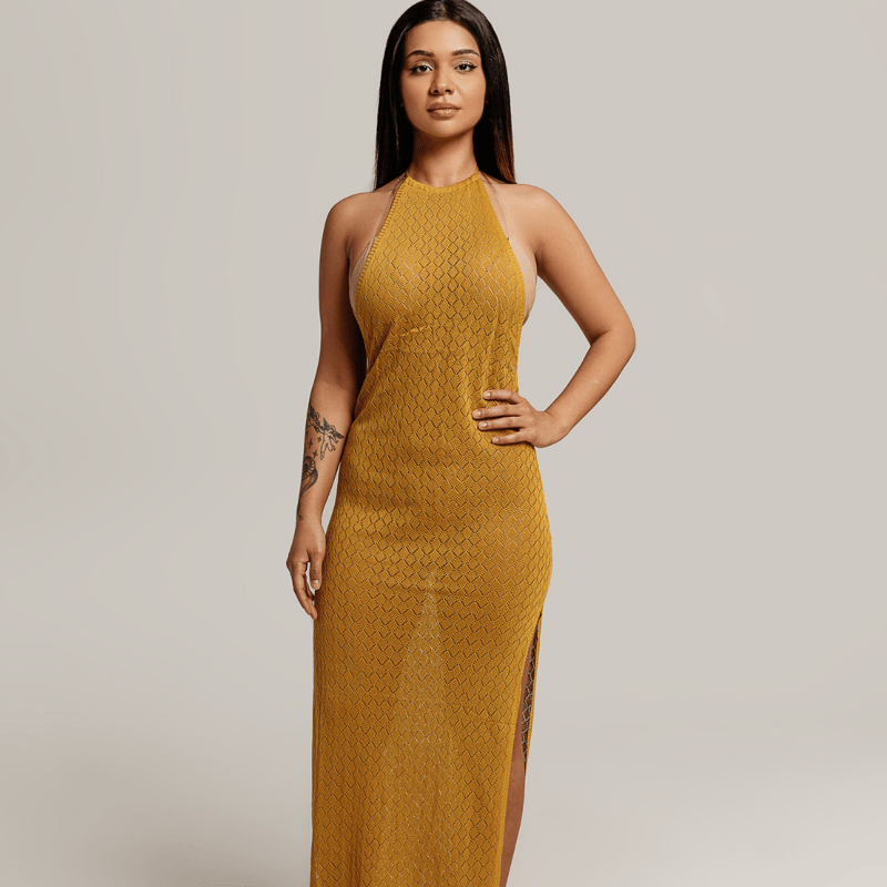 Vanity Couture Selena Textured Knit Backless Cover Up Dress In Mustard Yellow