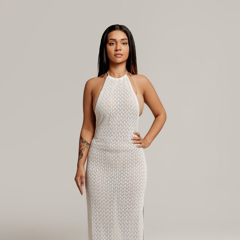 Vanity Couture Selena Textured Knit Backless Cover Up Dress In White