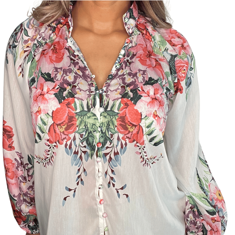 Vanity Couture Tessa Floral Long Sleeve Blouse In White