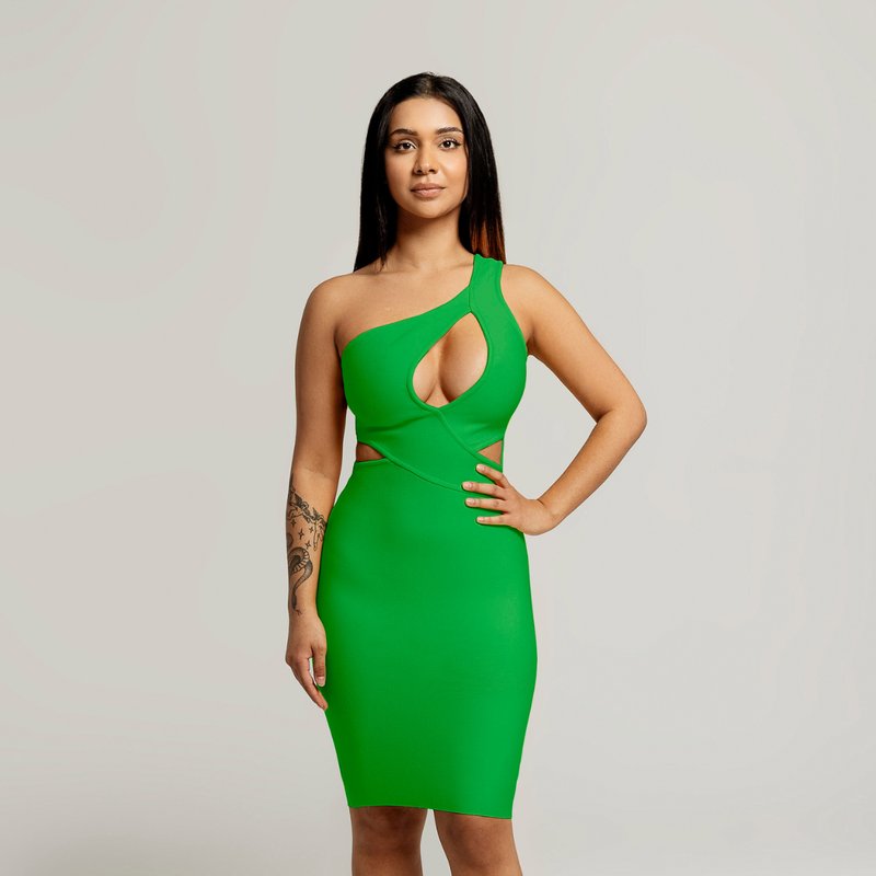 Vanity Couture Tyla Asymmetrical Keyhole Cut Out Dress In Green