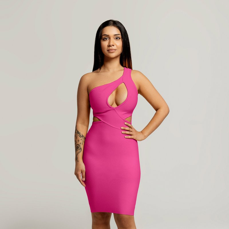 Vanity Couture Tyla Asymmetrical Keyhole Cut Out Dress In Hot Pink