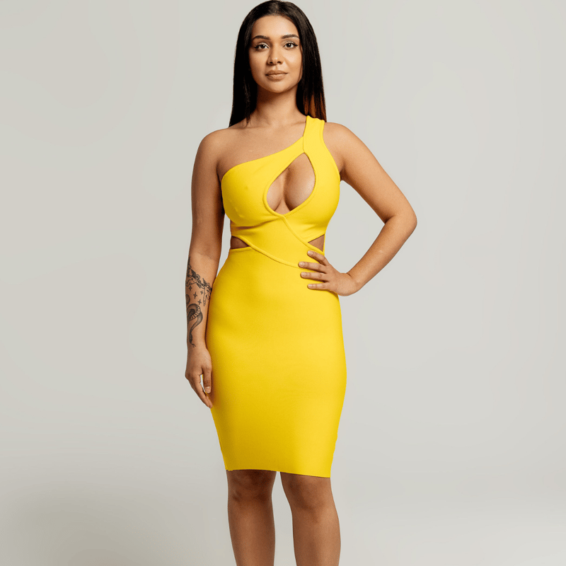 Vanity Couture Tyla Asymmetrical Keyhole Cut Out Dress In Yellow