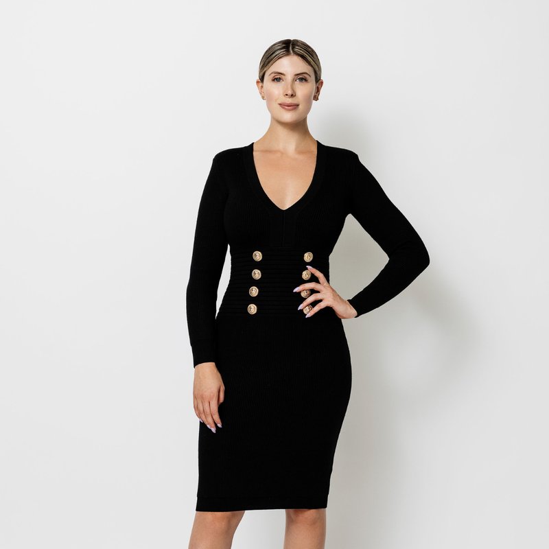 Vanity Couture Veronica Long Sleeve Knit Dress In Black