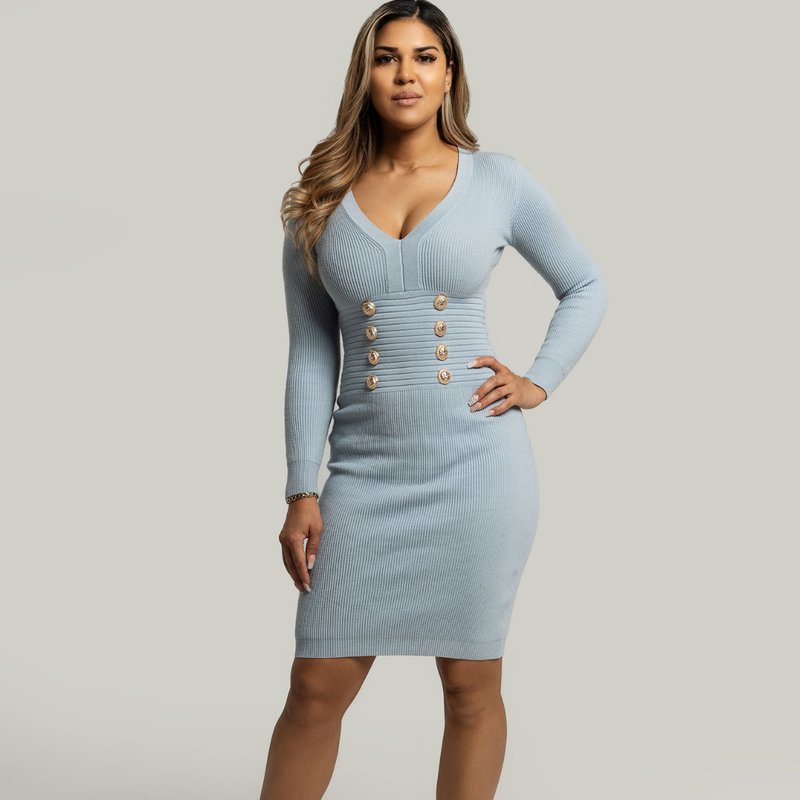 Vanity Couture Veronica Long Sleeve Knit Dress In Baby Blue