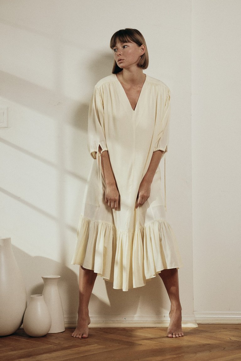 V Neck Single-Tiered Skirt Midi Dress - Cream
