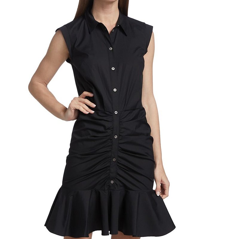 Shop Veronica Beard Women's Black Cotton Ruched Button Down Mini Shirt Dress