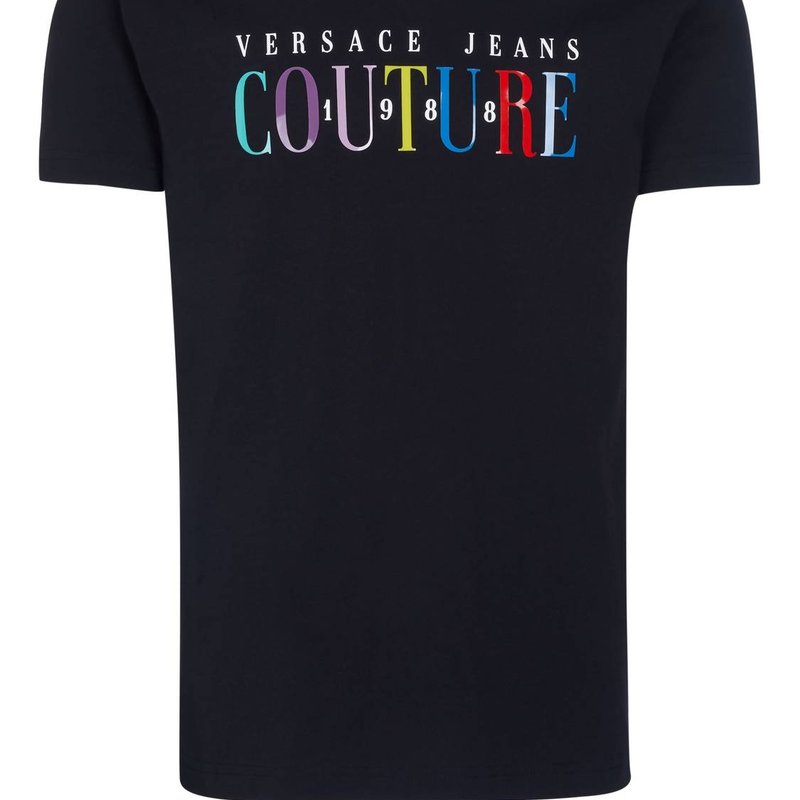 Shop Versace Men Colorful Logo Short Sleeve Cotton T-shirt In Black