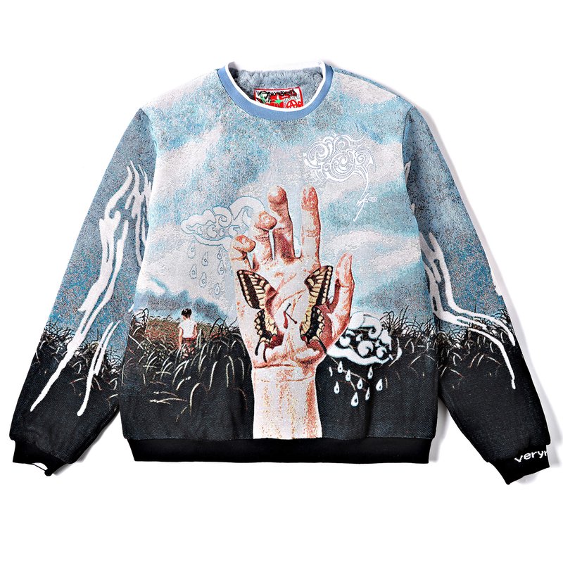 Veryrare Men's Blue Crucified//butterfly Jacquard Crewneck