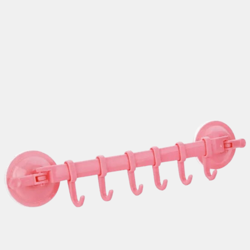 Vigor Adjustable 6 In 1 Bathroom Plastic Corner Hooks Suction Cup Towel Bar, Kitchen, Laundry Room, Mudroo In Pink