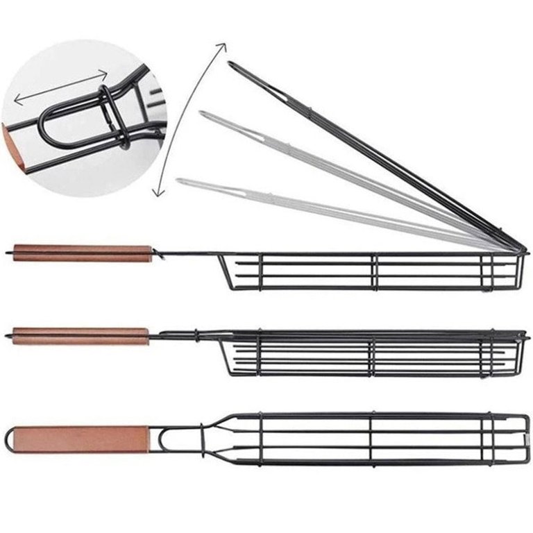 Barbecue Cage Sausage Grill Tongs Rosewood Handle for easy Flipping & Non-Stick Coated Steel for Vegetables and all Meat for Grilling