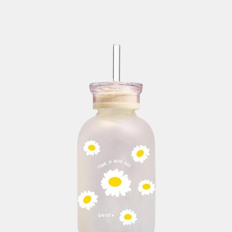Vigor Double Cover Straw Glass, Milk Juice Cute Water Bottle With Scale Lids Little Daisy Matte Portable T In Transparent