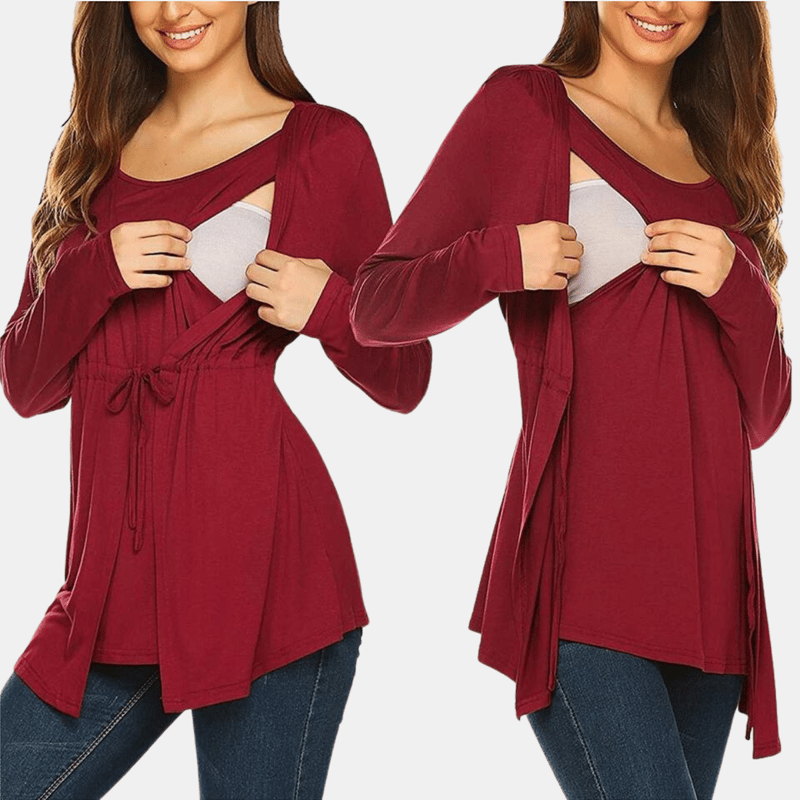 Vigor Long Sleeve T-shirt Elegant Double Layer For Breastfeeding Pregnancy Maternity Clothes For Mom In Red