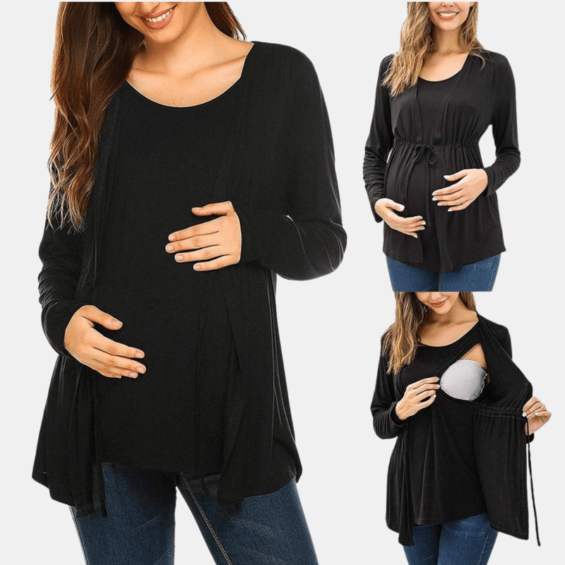 Vigor Long Sleeve T-shirt Elegant Double Layer For Breastfeeding Pregnancy Maternity Clothes For Mom In Black