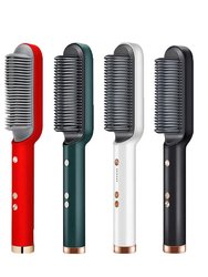 Multifunctional Hair Beard Straightener Curler Brush Hair Fast Styling Tool Electric Heat Hot Brush - Red