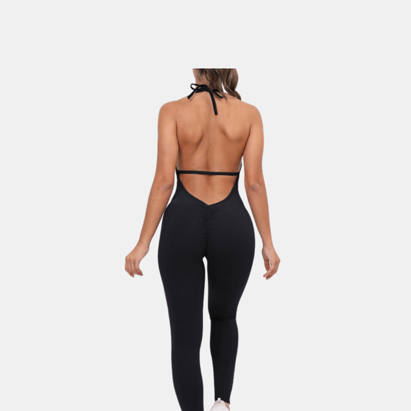 Vigor Romper Scrunch Butt Jumpsuit Yoga Deep V-neck Clothing Fitness Backless Gym In Black