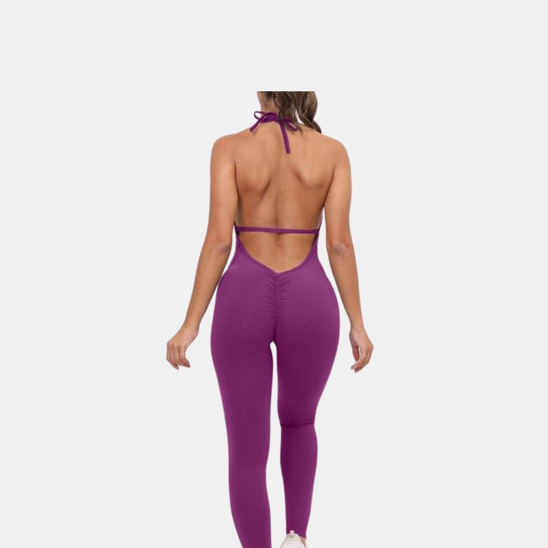 Vigor Romper Scrunch Butt Jumpsuit Yoga Deep V-neck Clothing Fitness Backless Gym In Purple