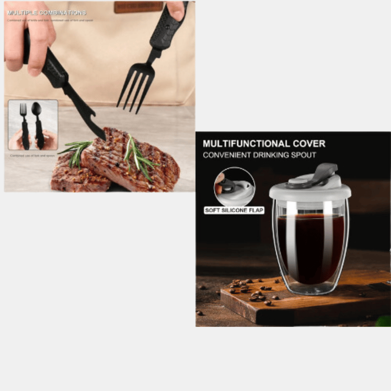 Vigor Steel Foldable Spoon Fork Knife Bottle Opener & Glass Coffee Mug Pack In Multi