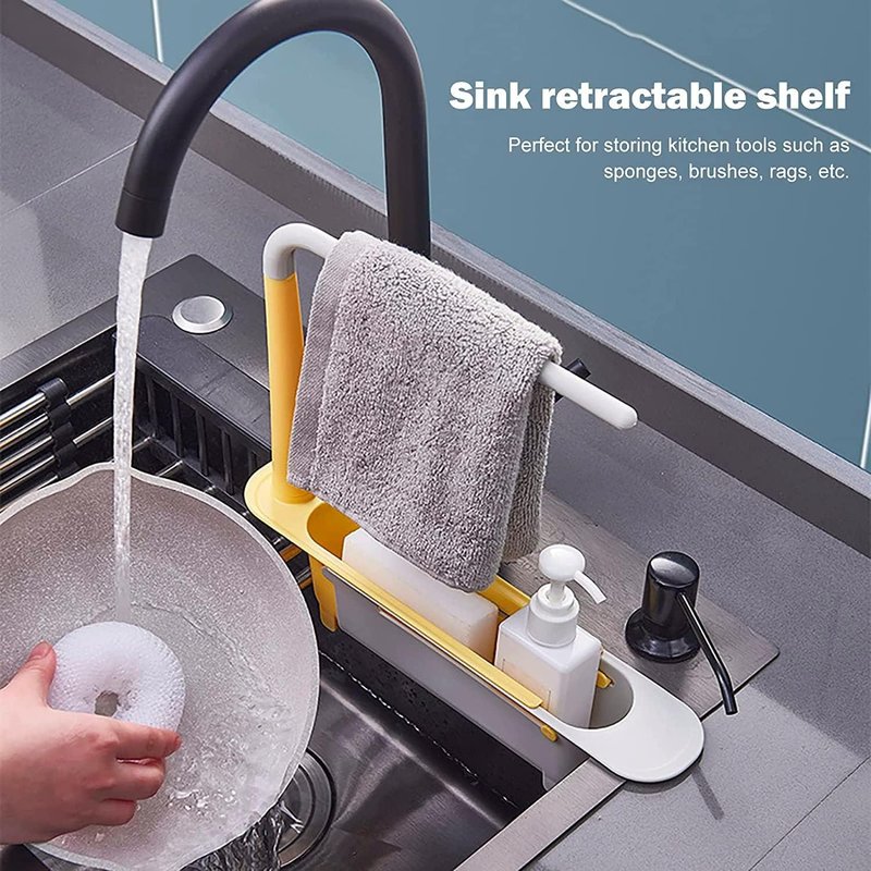 Vigor Telescopic Sink Storage Rack, Adjustable Length, Drain Basket Plastic And Sponge Holder With Dishclo In Yellow