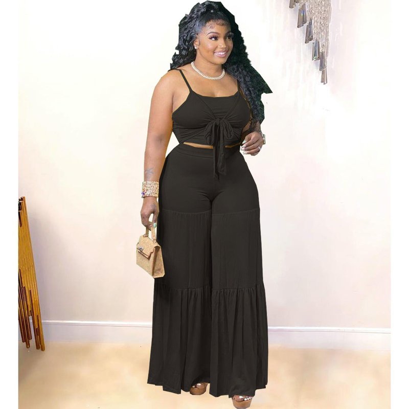 Vigor Trendy Casual Plus Size Women Summer Tank Top And Flare Pants Two Piece Set Fat Lady Outfit In Black