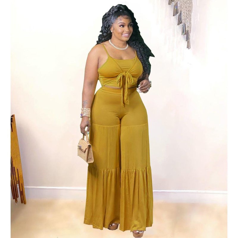Vigor Trendy Casual Plus Size Women Summer Tank Top And Flare Pants Two Piece Set Fat Lady Outfit In Yellow