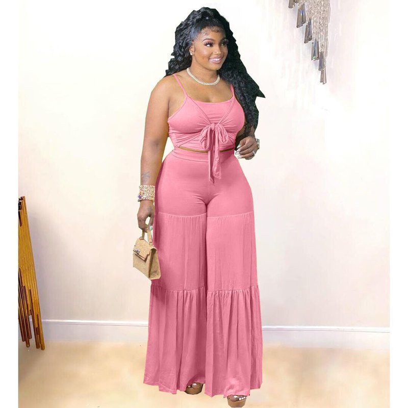 Vigor Trendy Casual Plus Size Women Summer Tank Top And Flare Pants Two Piece Set Fat Lady Outfit In Pink