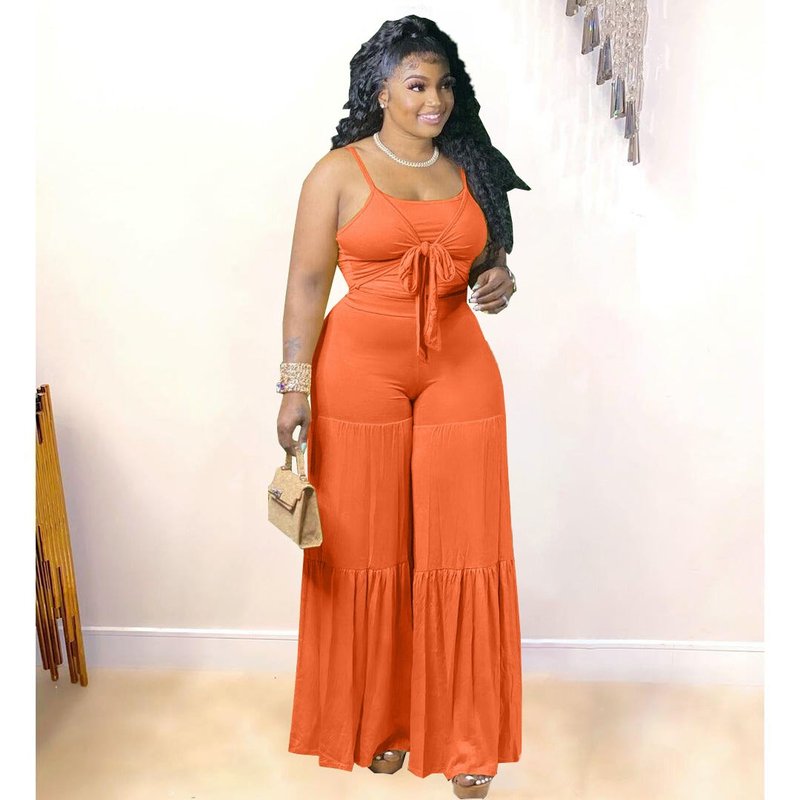 Vigor Trendy Casual Plus Size Women Summer Tank Top And Flare Pants Two Piece Set Fat Lady Outfit In Orange