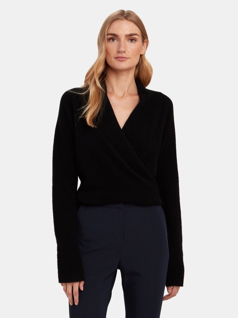Boiled Cashmere Wrap Front Pullover - Black