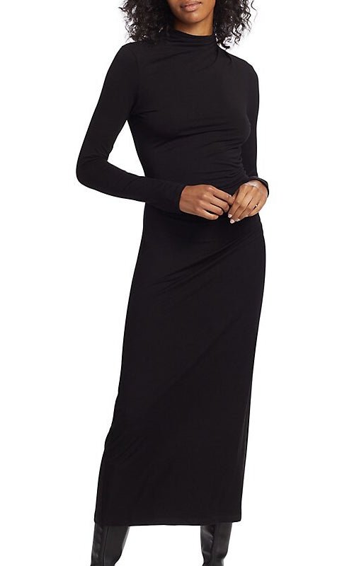 Shop Vince Women Long Sleeve Turtleneck Ruched Midi Bodycon Dress In Black