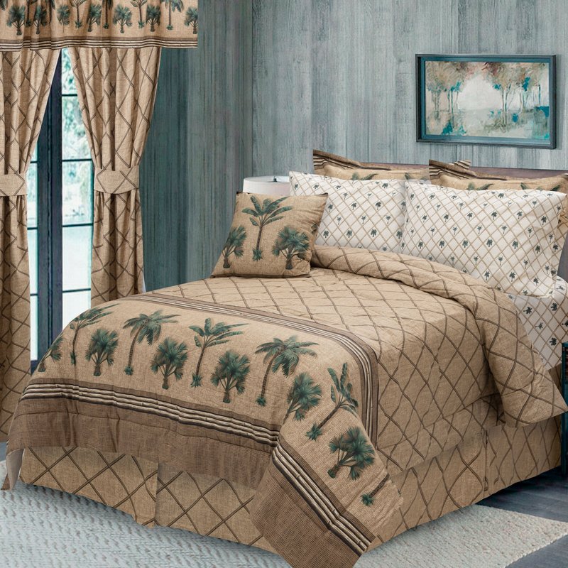 Karin Maki Kona Tropical Pine Tree Comforter Sets, Coastal Printed Bedding, Soft Polycotton 80 Gsm Fabric, Comf In Brown