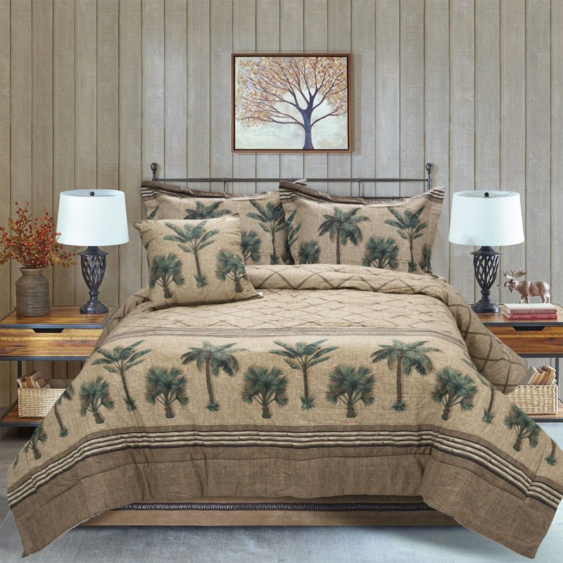 Karin Maki Kona Tropical Pine Tree Comforter Sets, Coastal Printed Bedding, Soft Polycotton 80 Gsm Fabric, Comf In Brown