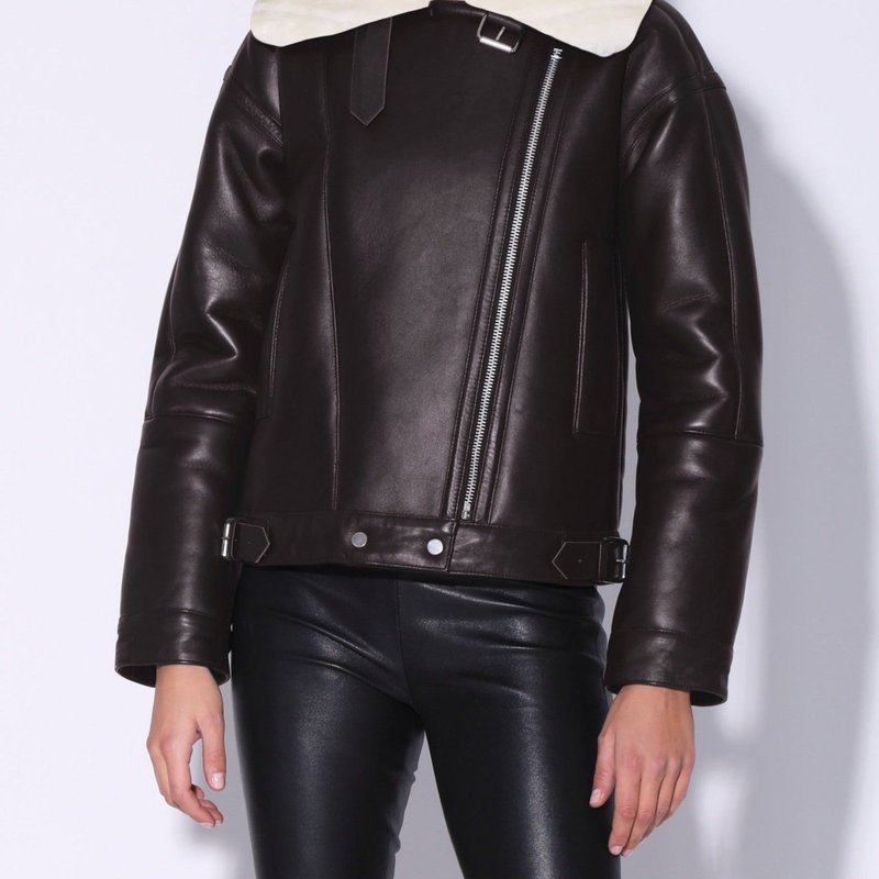 Walter Baker Mariah Jacket, Mocha Leather Off White Fur In Black
