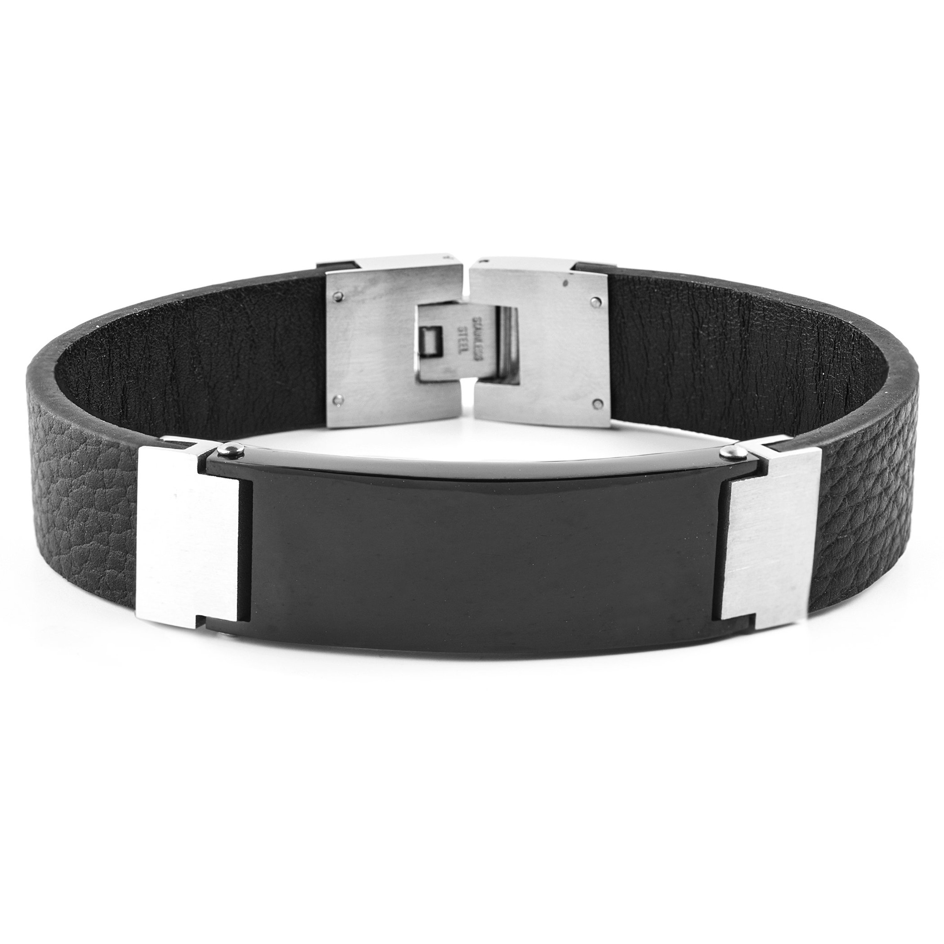 West Coast Jewelry Crucible Black Plated Stainless Steel Id Plate Leather Bracelet (16 Mm) In Grey