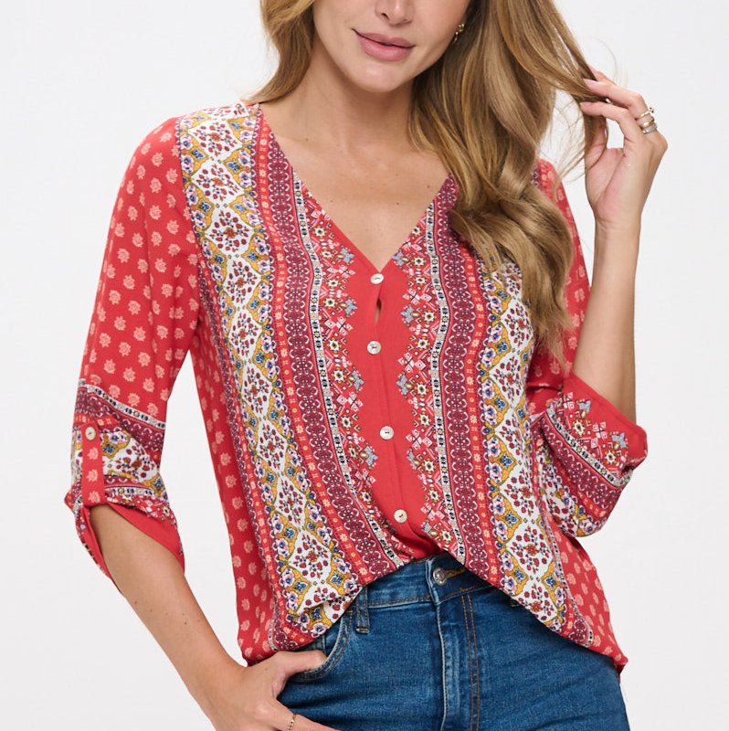 West K Lina Roll-tab Sleeve V-neck Blouse In Red