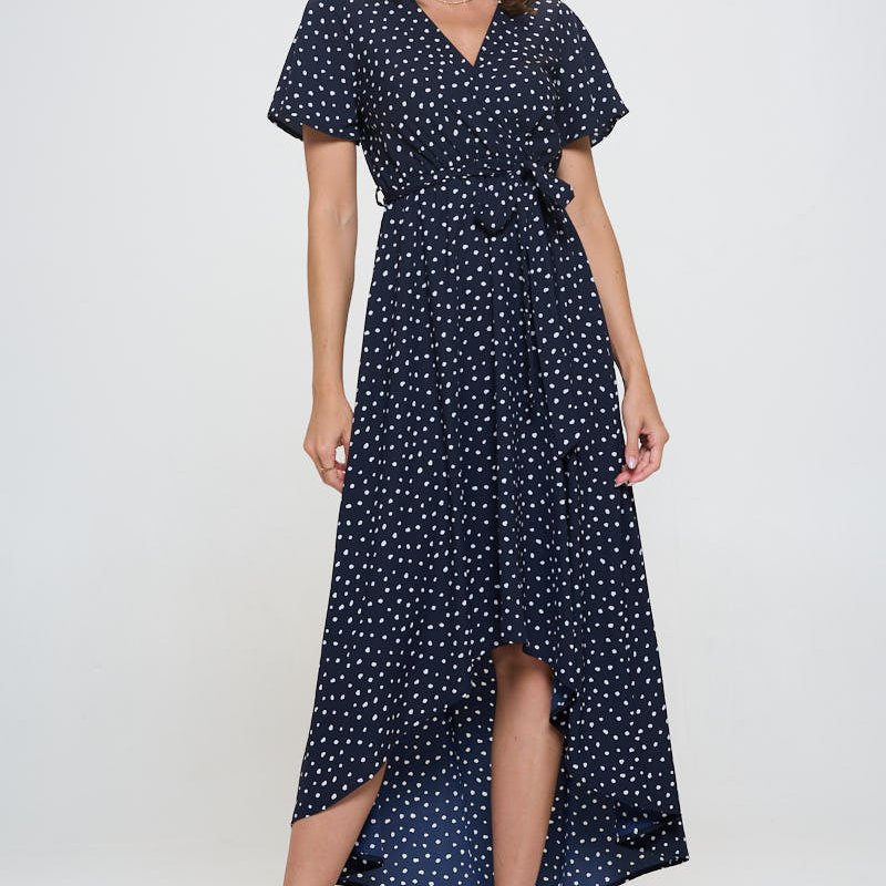 West K Woven Georgia Faux Wrap Dress With High-low Hem And Tie Waist In Blue