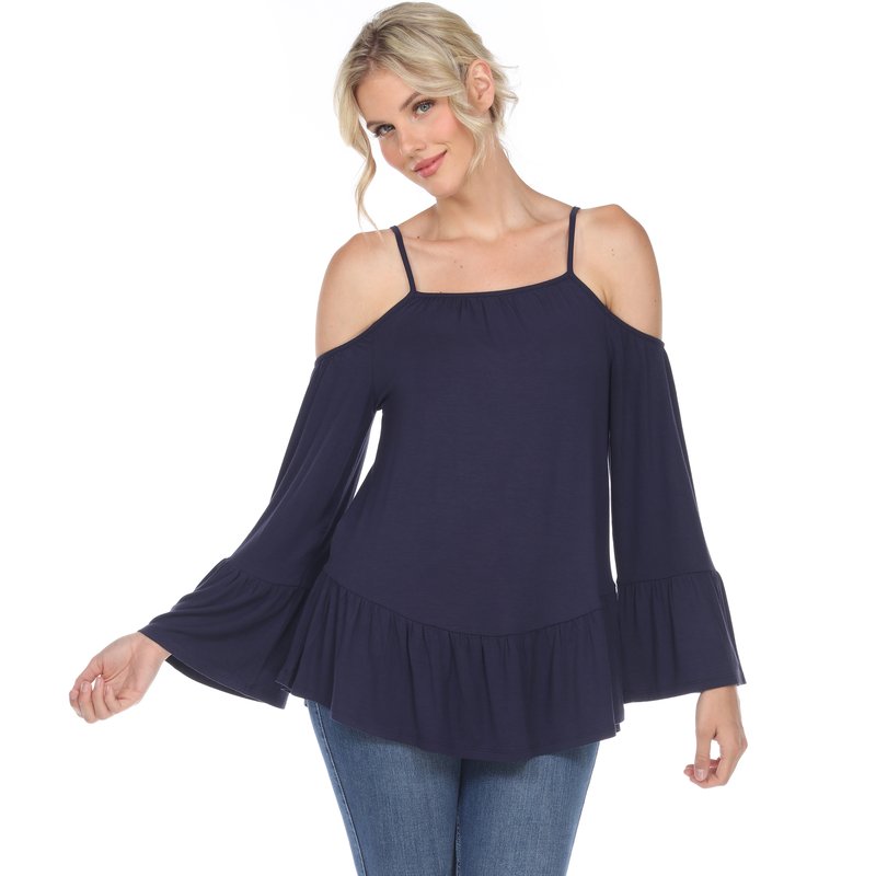 White Mark Cold Shoulder Ruffle Sleeve Top In Navy