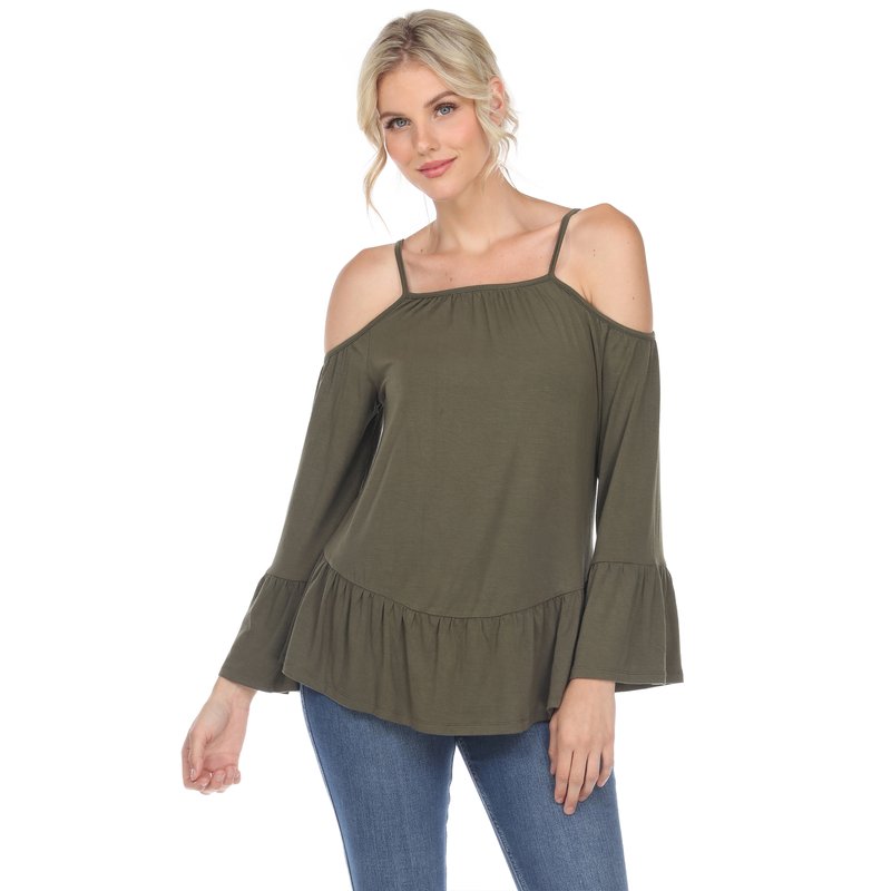 White Mark Cold Shoulder Ruffle Sleeve Top In Olive