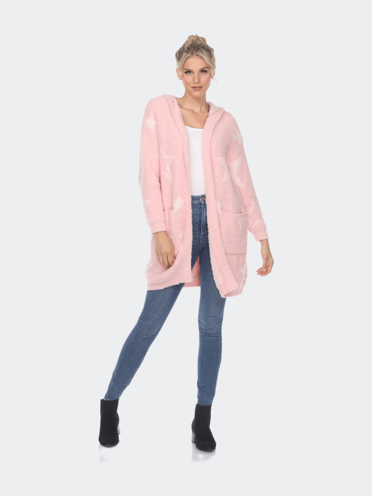 Hooded Open Front Sherpa Coat - Pink/Light Pink Stars