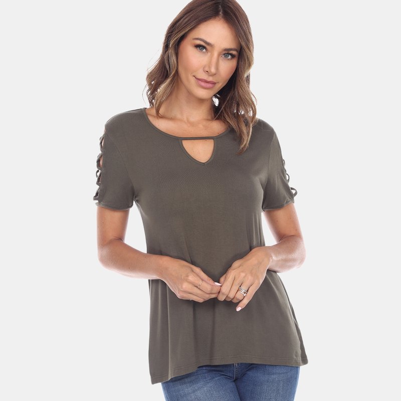 White Mark Keyhole Neck Cutout Short Sleeve Top In Green
