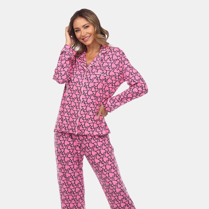 White Mark Long Sleeve Floral Pajama Set In Pink Hearts
