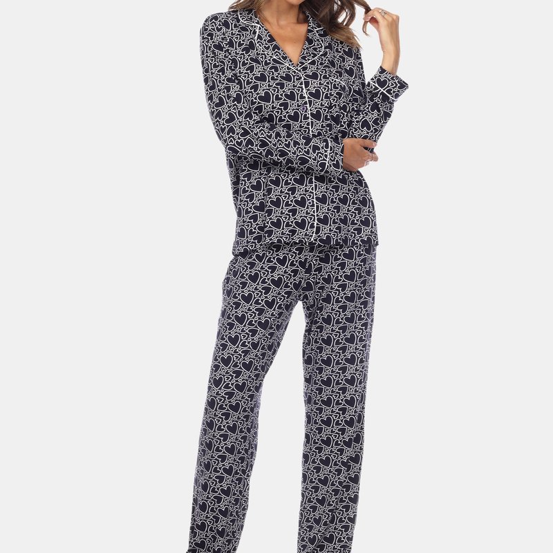 White Mark Long Sleeve Floral Pajama Set In Navy Hearts
