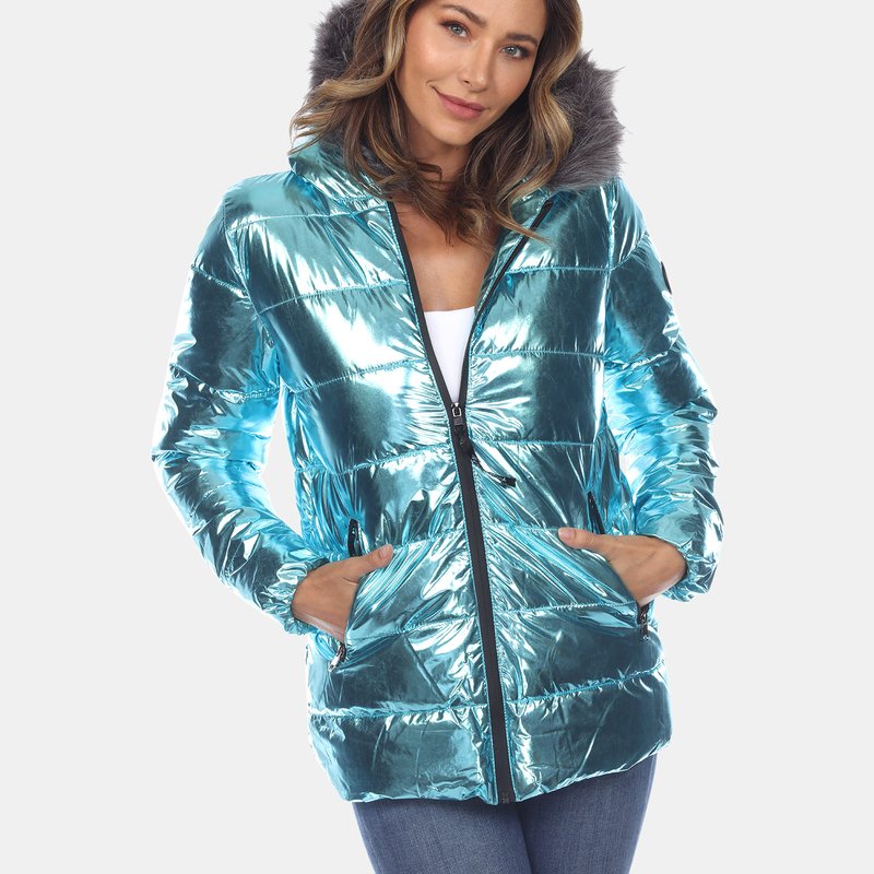 White Mark Metallic Puffer Coat With Hoodie In Mint