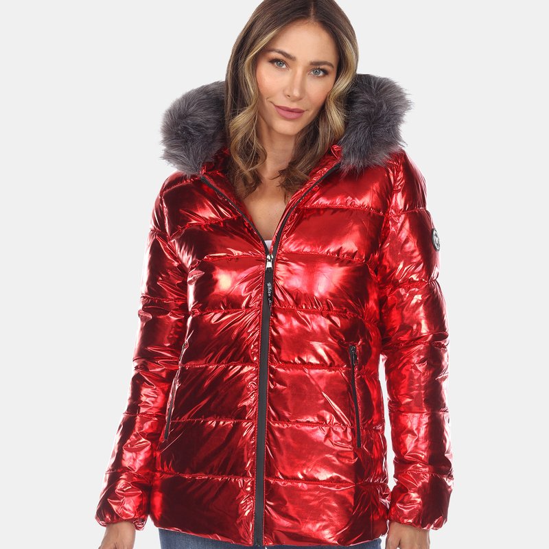 White Mark Metallic Puffer Coat With Hoodie In Red
