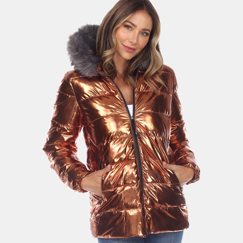 Shop White Mark Metallic Puffer Coat With Hoodie In Brown