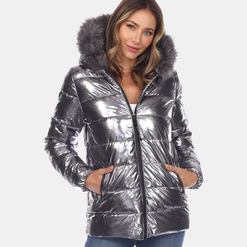 White Mark Metallic Puffer Coat With Hoodie In Silver