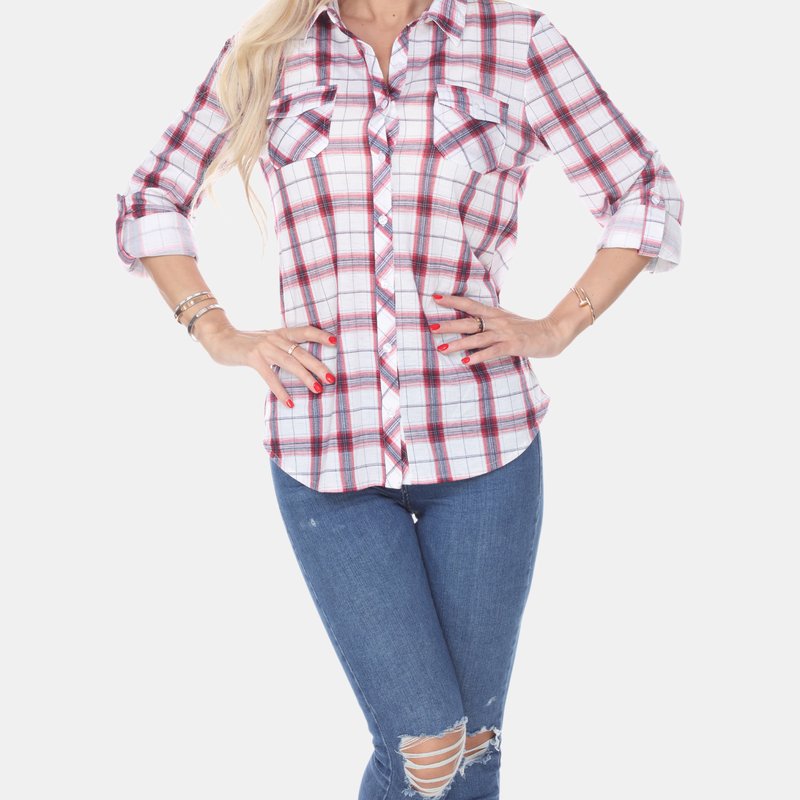 White Mark Oakley Stretchy Plaid Top In Red/white