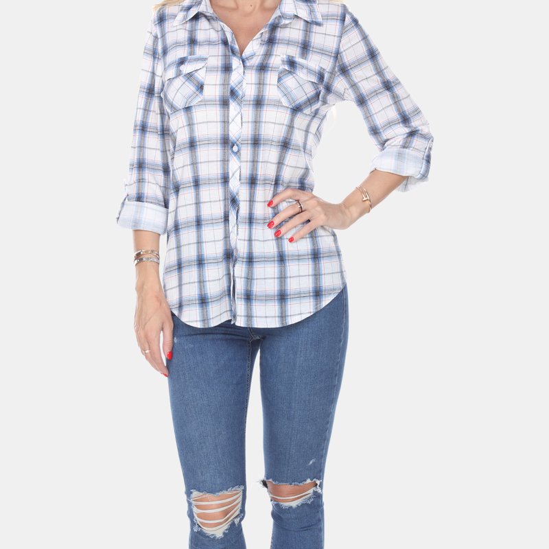 White Mark Oakley Stretchy Plaid Top In Blue / White
