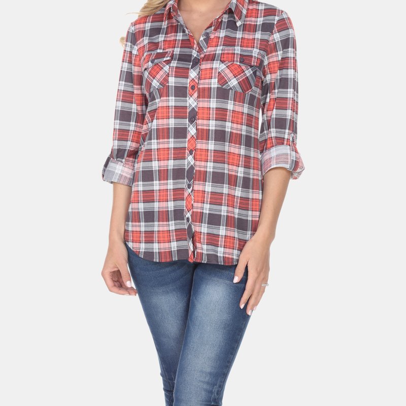 White Mark Oakley Stretchy Plaid Top In Grey/coral