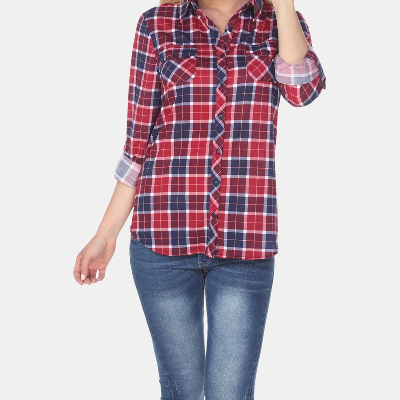 White Mark Oakley Stretchy Plaid Top In Burgundy/blue