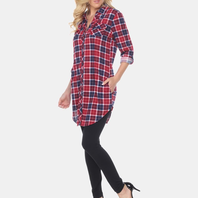 White Mark Piper Stretchy Plaid Tunic In Burgundy/blue