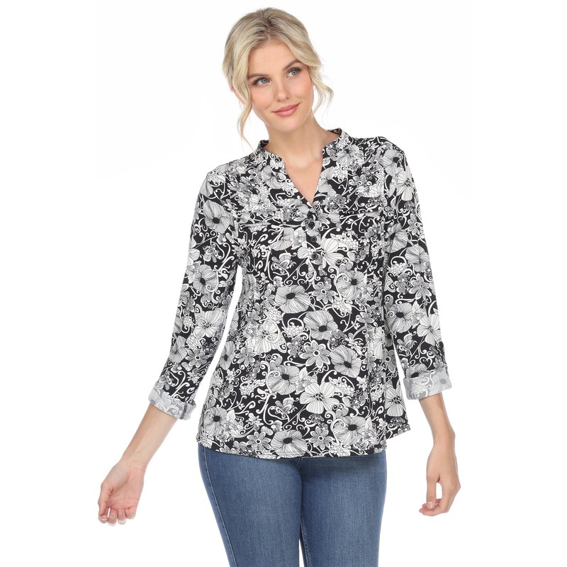 Shop White Mark Pleated Long Sleeve Floral Print Blouse In Black
